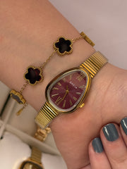 Shein with flower bracelet in burgundy