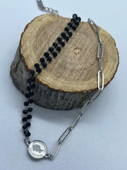 Mixed Chain Anklet with Coin and Black Beads