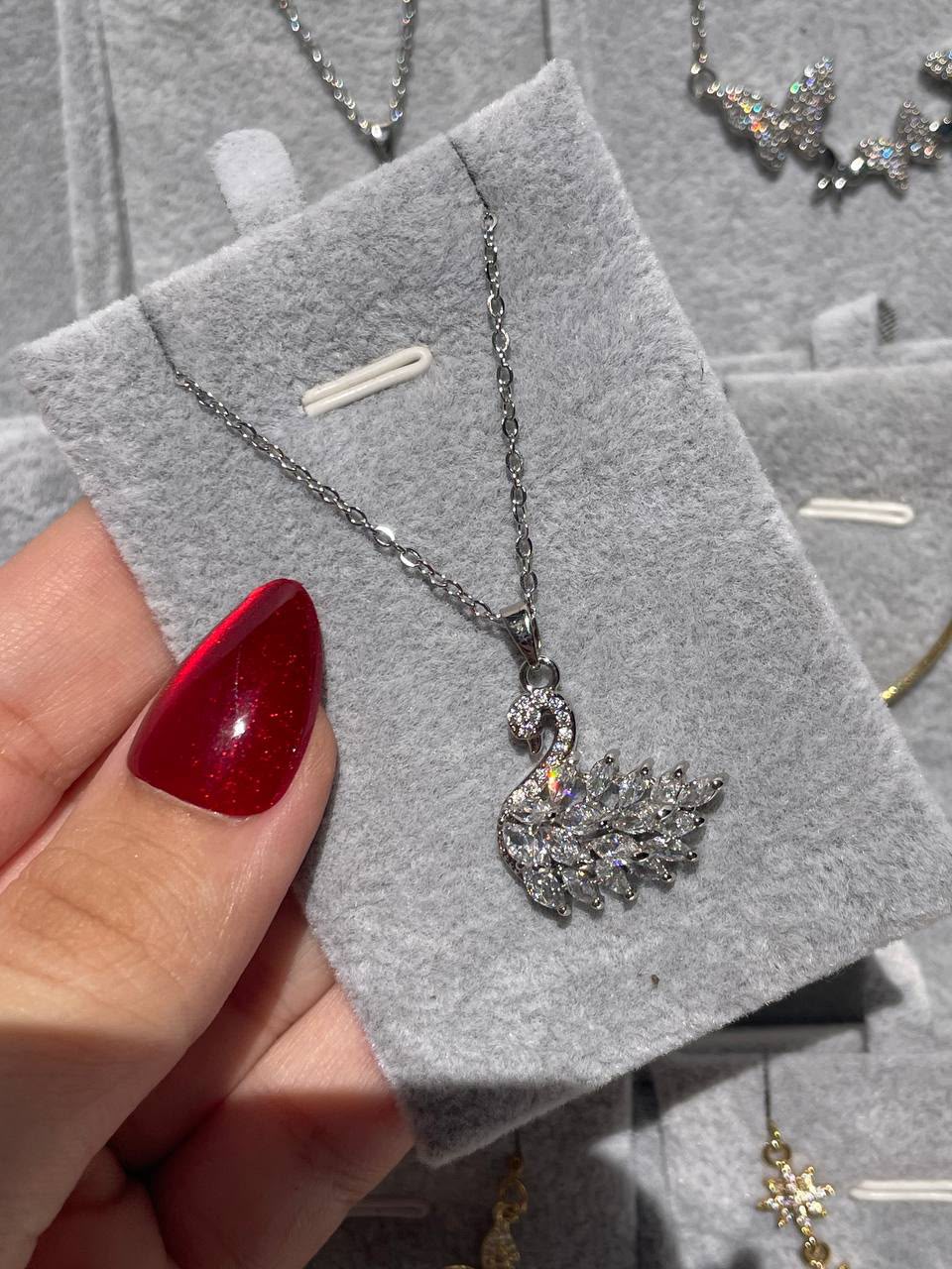 silver Gemstone Swan Necklace
