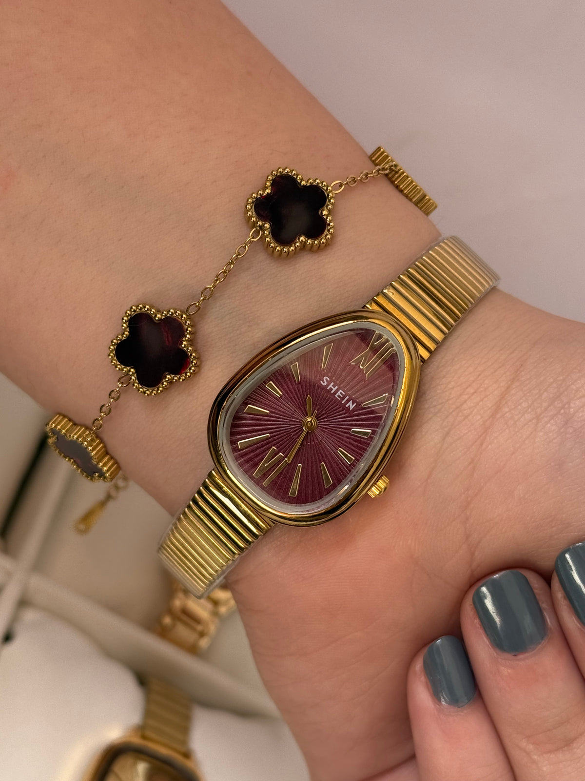 Shein with flower bracelet in burgundy