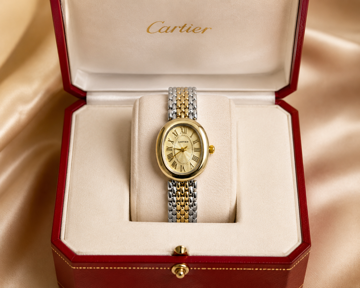 Gold and silver watch in a Cartier box on a beige background