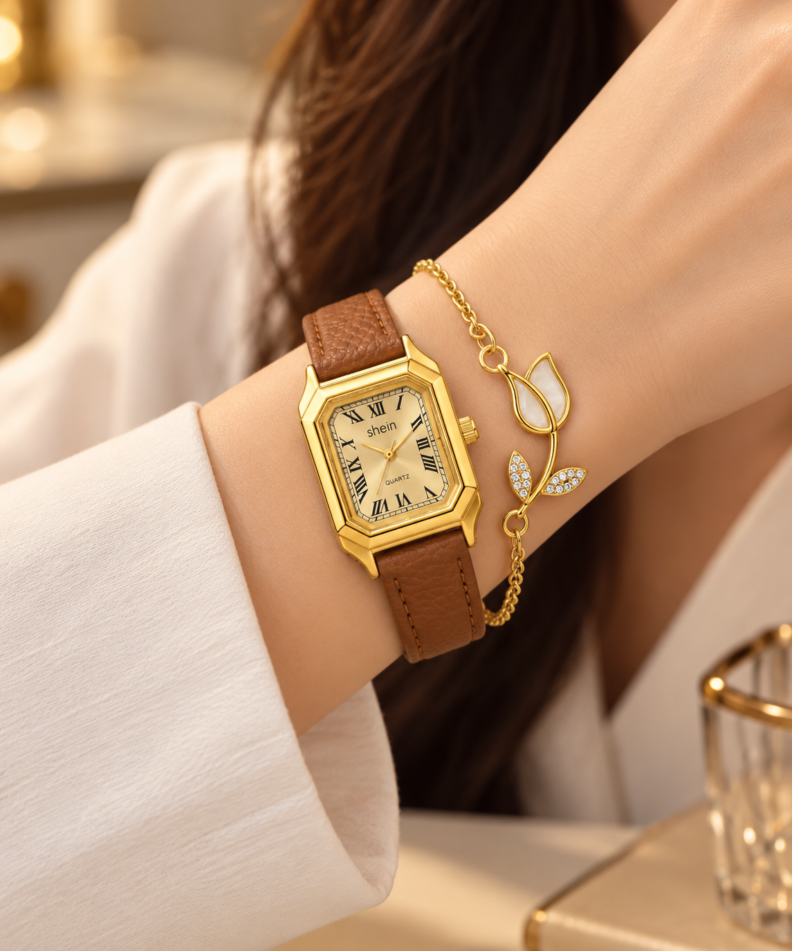 Brown watch square with bracelet