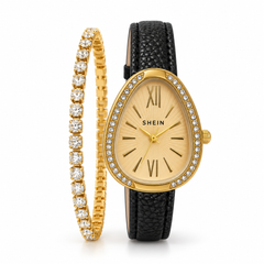 leather black watch with tennis bracelet