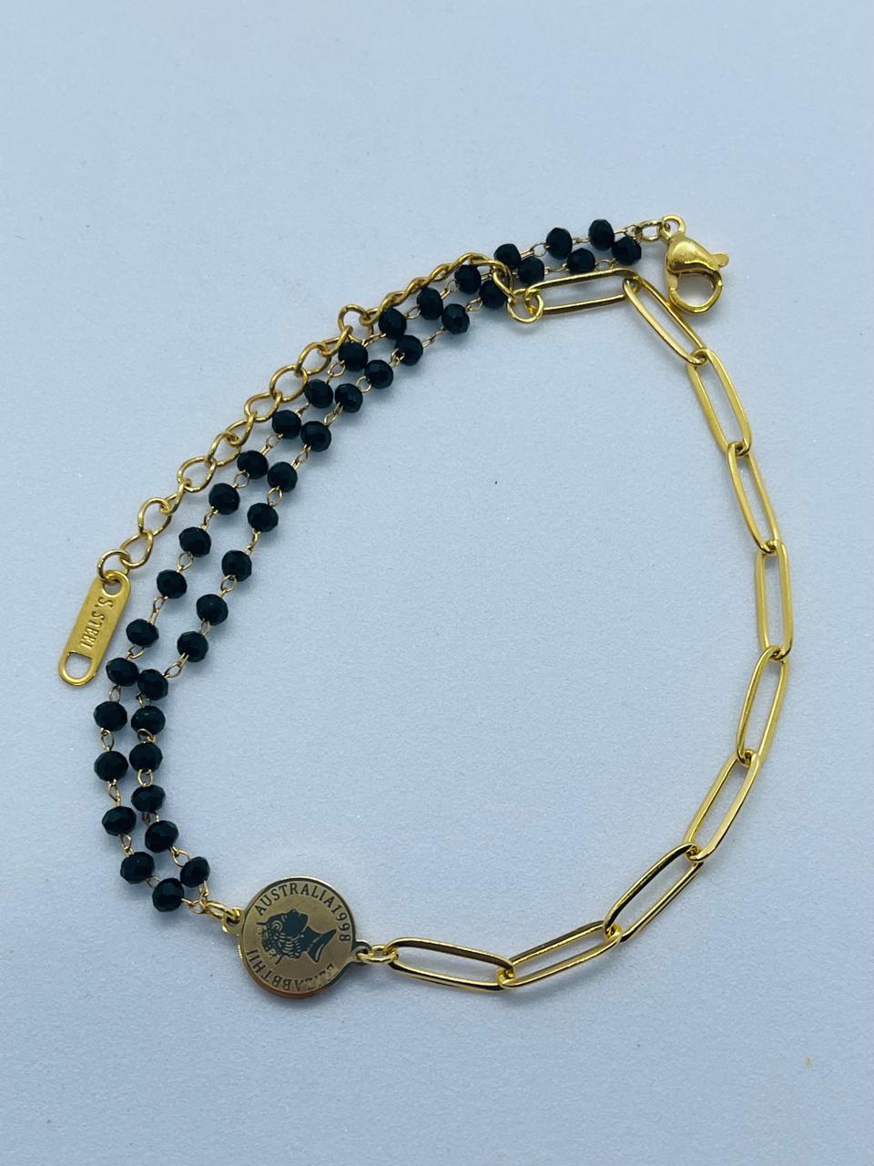 Mixed Chain Anklet with Coin and Black Beads