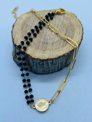 Mixed Chain Anklet with Coin and Black Beads