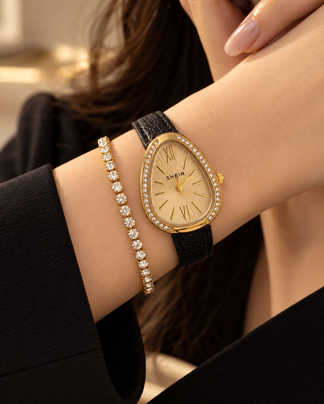 leather black watch with tennis bracelet