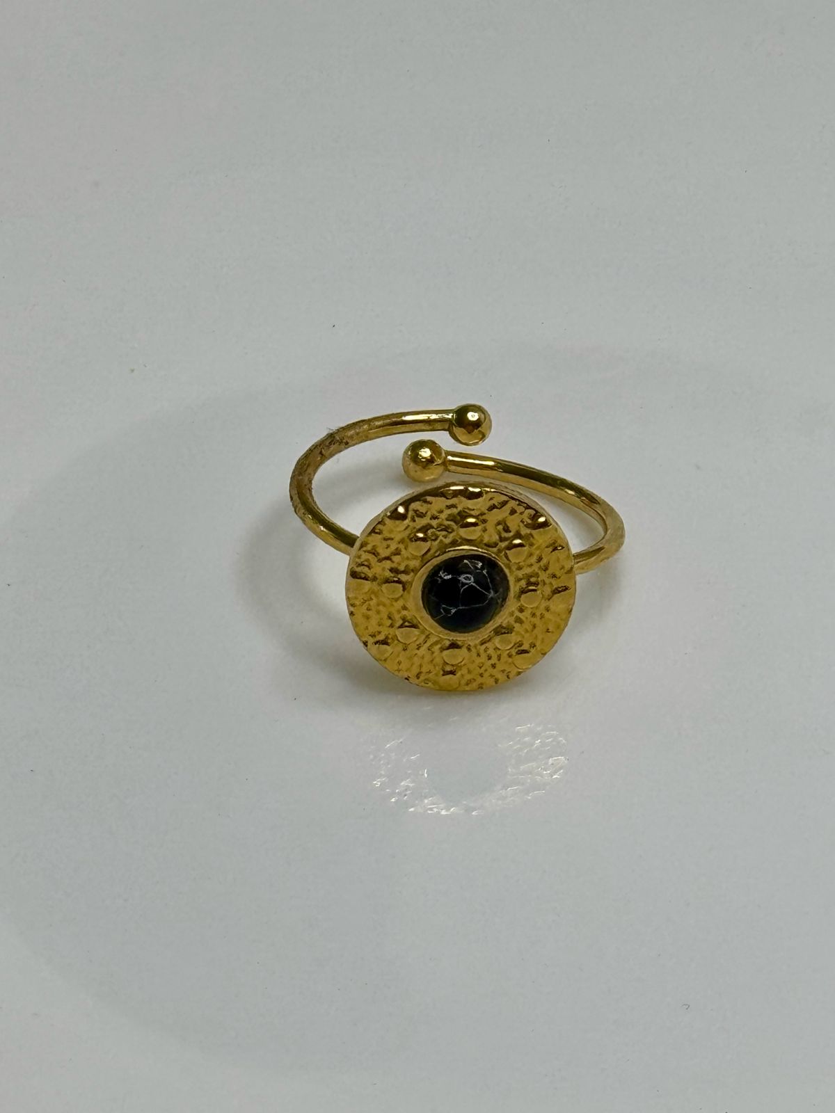 Hammered Gold Ring with Black Stone
